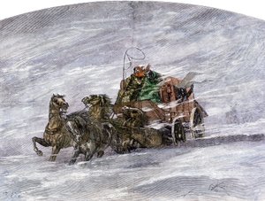 History of the Settlers and the Conquest of the West: American Pioneers. Diligence in a Meadow in the Middle of Blizzard