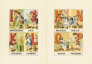 I: Imprudence; J: Joy; K: Kiosk; L: Tears; M N O P: Household, Knot, Order, Fish - Engraving from ABCD of Little Girls. Pellerin & Cie, Epinal, c.1890