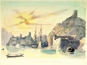 Interior View of the Port of Muscat, with Description of Fortified Buildings and Moored Ships. Lt-Col. Paint Charles Hamilton Smith