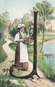 J: A Woman Standing in a Long Skirt, Apron, and Bodice Holding a Basket of Flowers. Countryside Setting - Alphabet Characters Ref Th. E., L. Theochrom - Series 994. Theodor Eisman, publisher, Leipzig