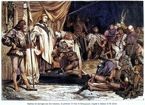 Jean de Bethencourt, Norman gentleman, Baron de Saint Martin le Gaillard, conquered and Christianized the Canary Islands in January 1405, from the magazine “Sur terre et sur mer” n°28, January 8 by Unbekannter Künstler