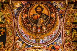 Jesus as Pantocrator, Byzantine Minas Cathedral with colourful frescoes, Heraklion