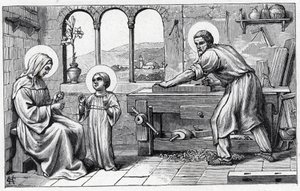 Jesus serving Mary. Alphabet of the child Jesus. Edition of 1932. Woodcarvings signed H G. Private collection