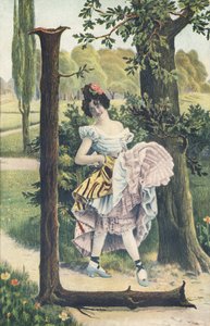 L: A woman with flowers in her hair lifts her skirts to sketch a dance step. Rustic decor - Alphabet Characters Ref Th. E., L. Theochrom - Series 994. Theodor Eisman, publisher, Leipzig