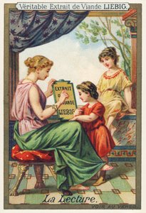 Reading. A young woman seated shows an advertising panel to two standing girls. Advertising chromolithograph, Liebig