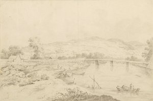 Landscape by the River, with Bridges and Boats by Unbekannter Künstler