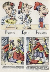 Letter D, E and F: dancer, grocer and infantry. Alphabet of the Eastern Tale. Imaging of Epinal, circa 1890