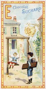 Letter E: school, children, escarpolette, badge, sign, entrance, ladder, schoolboy. Engraving of the Alphabet edited by Chocolat Suchard, beginning of the 20th century
