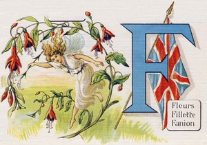 Letter F: Flowers, Girl, Pennant. Engraving in "ABC L