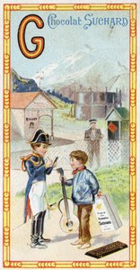 Letter G: glacier, gendarme, gazometer, kid, station, warrior, vane, guitar. Engraving of the Alphabet edited by Chocolat Suchard, beginning of the 20th century by Unbekannt