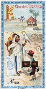 Letter K: kabyle, kepi, kilogram, kakatoes, kiosk, kilometre. Engraving of the Alphabet edited by Chocolat Suchard, beginning of the 20th century