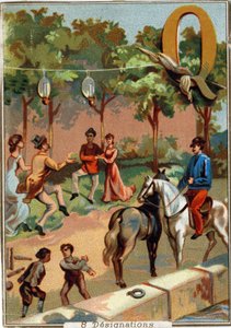Letter Q: quadrille; quarrel; bowling; cattail; quinquets; four; wharf. Alphabet. Chromolithographs of Parisian Lithography, circa 1890