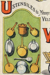 Letter U. Cocote, stove, squirrel, saucepan. Engraving in "ABC Toys". Epinal imaging in chromolithography, circa 1890