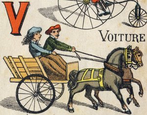 Letter V for car. Engraving in "ABC Toys". Epinal imaging in chromolithography, circa 1890 by Unbekannt
