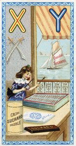 Letter X: xylophonist and Y: yatagan, yacht. Engraving of the Alphabet edited by Chocolat Suchard, beginning of the 20th century