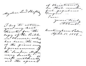 Letter from Albert, Prince Consort, to Anthony Ashley-Cooper, Earl of Shaftesbury, thanking him for a copy of the Bible in Chinese, written from Buckingham Palace by Unbekannt