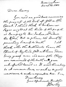 Letter from John Wesley to Samuel Bradburn, expressing his strong opinion that the Methodists should not leave the Church of England, written at Birmingham, 25 March