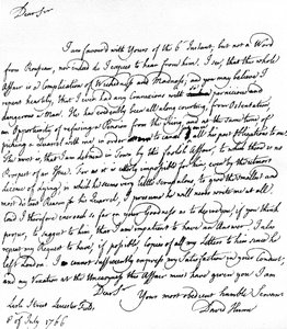 Letter written by David Hume to Richard Davenport referring to the great difficulties of his relationship with Jean-Jacques Rousseau, 8 July by Unbekannt
