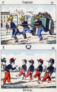 Letters P Q R: Firefighters and Recruits. Engraving in "Alphabet militaire enfantin". Imagery of Pont-a-Mousson, circa 1890.