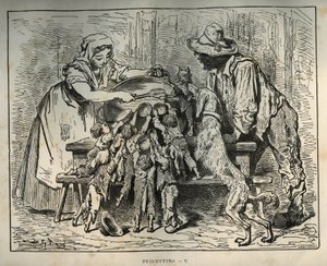 Little Poulet and his hungry brothers. Engraving by Gustave Dore from 