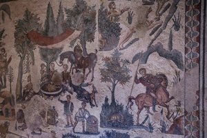 Little hunt hall. General view of the mosaic. 3rd - 4th century. Roman Villa of the Casale, Sicily. UNESCO site.