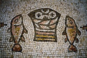 Loaves and fish, mosaic in the church of the Multiplication, 4th century, Tabgha, Israel