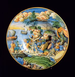 Maiolica plate depicting the abduction of Helen of Troy