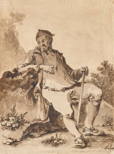 Man with Cap and Stick Resting on a Stone by Unbekannter Künstler
