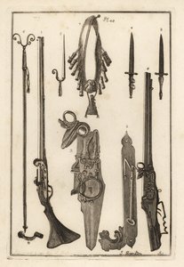 Matchlock musket, lock and bayonet from the Tower of London, bayonet, musket rest and bayonet, musket rest, bandileers and powder flask, wheel lock, and spanner