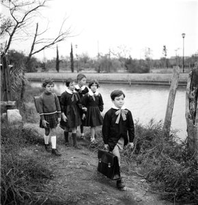 Mixed School in Venice, Students Wear a Blouse. The Exit of Classes. 1950s