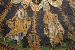 Mosaic of the ceiling of the Baptistery of Neon. Detail of the procession of the twelve apostles proceeding around the center mosaic in two directions, ending with Saint Peter meeting Saint Paul. 5th Century, Ravenna, Italy. UNESCO