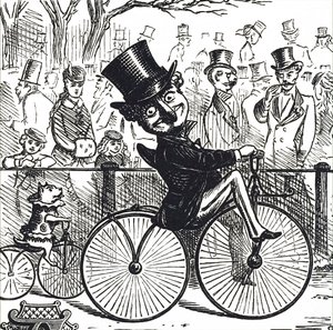 Mr Punch and Dog Toby riding boneshakers