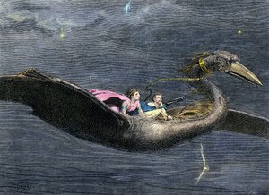 Myths and legends: The Rokh or Roc (giant bird of Arab-Persian mythology. It is found in passages of the Thousand and One Nights). Colouring engraving of the 19th century by Unbekannter Künstler