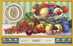 O: Fruit - Alphabet Palmin. Series of chromolithographs published by H. Schlinck & Co, Hamburg. Advertisement for Palmin finest coconut fat. Dimensions: 7 x 11 cm