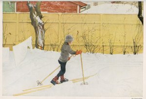One of the Children of Swedish Illustrator Carl Larsson (1853-1919) Learning to Move on Skis. Drawing from 