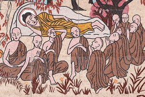 Ong Nui Buddhist pagoda, Wall fresco, The life of the Buddha, After 45 years of teaching the Dharma, the Buddha passed into Parinirvana, Quy Nhon, Vietnam, 2019