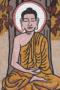 Ong Nui Buddhist Pagoda, Wall Fresco, The Life of the Buddha, Shakyamuni Buddha Sitting in the Meditation Pose Under the Bodhi Tree, Quy Nhon, Vietnam, 2019 by Unbekannt