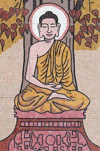 Ong Nui Buddhist pagoda, Wall fresco, The life of the Buddha, Shakyamuni Buddha sitting in the meditation pose under the Bodhi tree, Quy Nhon, Vietnam, 2019 by Unbekannt