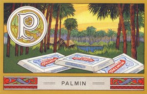 P: Palmin - Alphabet Palmin. Series of chromolithographs published by H. Schlinck & Co, Hamburg. Advertisement for Palmin finest coconut fat. Dimensions: 7 x 11 cm
