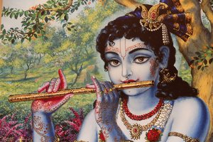 Painting depicting Hindu god Krishna playing a flute outdoors, India by Unbekannt