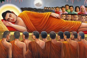 Painting depicting a reclining Buddha in Wat Toul Tompong, Phnom Penh, Cambodia