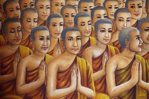 Painting depicting monks listening to Buddha, Udong, Cambodia