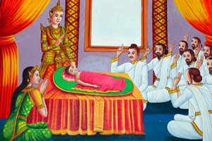 Painting depicting the life story of Shakyamuni Buddha. Buddha as a child. Kep. Cambodia.