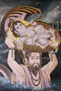 Painting in Gokul: Krishna as a baby carried over the Yamuna River by Vasudeva, India by Unbekannt