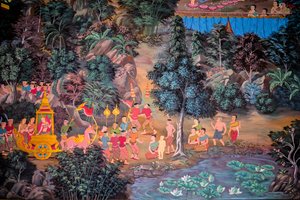 Paintings of village scenes with Buddha in Thailand, Wat Bang Riang, Thub Pat, Phang Nga, Thailand, Asia