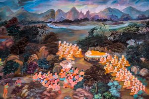 Paintings of Village Scenes with Buddha in Thailand, Wat Bang Riang, Thub Pat, Phang Nga, Thailand