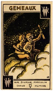 Astrology. Gemini (the Twins). Astrologic card from: Le Tarot Astrologique, by Georges Muchery, France by Unbekannter Künstler
