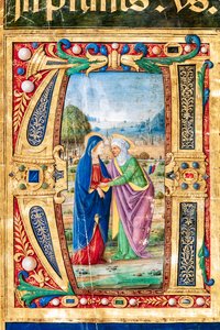 Piccolomini Library: choir book, cod. 14.P., ff. 2r with the Visitation of Mary and St. Elizabeth (detail) by Unbekannter Künstler