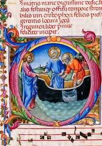 Piccolomini Library: Choir Book, Cod. 27.11, ff. 1r with Calling of St. Peter and St. Andrew, by Sano di Pietro (detail)