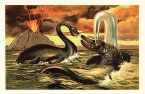 Plesiosaurus and Ichthyosaurus Battling in Front of an Erupting Volcano 1908 by Unbekannter Künstler